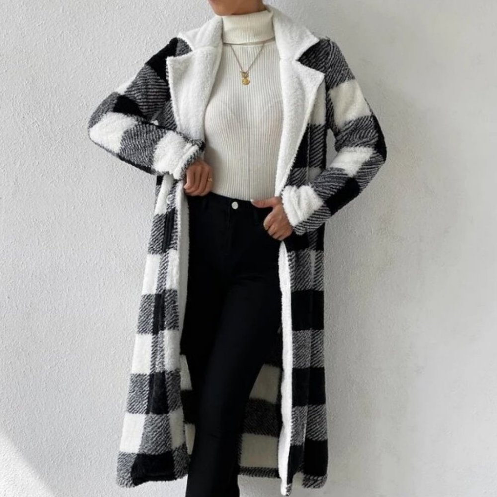 Buffalo Plaid Open Front Flannel Longline Coat Jacket Black white - Picture 6 of 6